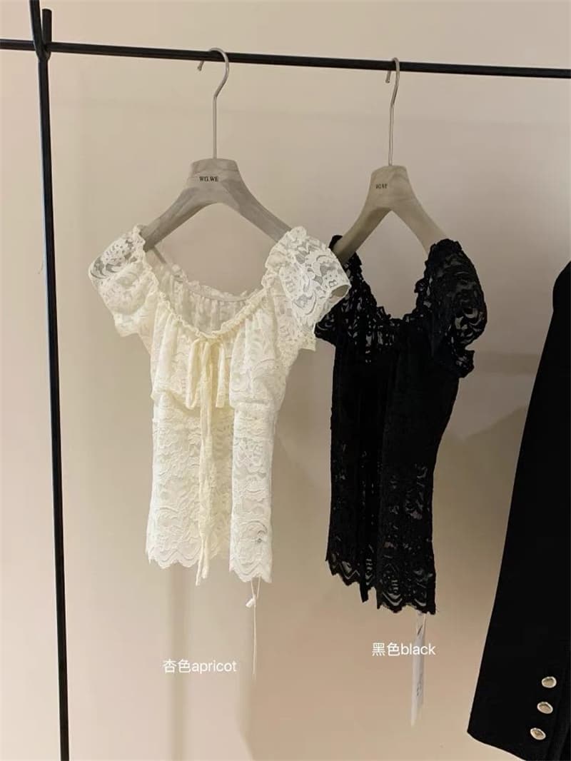 포함 가슴 패드 여름 레이스 자수 광장 칼라 레이스업 티셔츠 순수한 욕망 허리 수축 슬림해 보이는 작은 대중 시스루 섹시함 맨위 상세 이미지 2