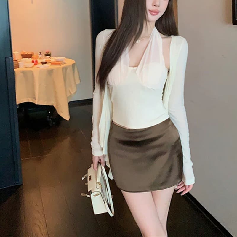 실사 정가 감소되지 않음 26 년 새로운 캐미솔 허리 수축 슬림해 보이는 쇼트 스타일 핫걸 행침 목 맨위 여성 민소매 이미지 4