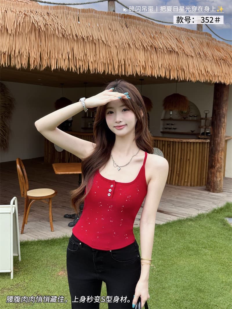 한 부서 민소매 섹시함 인사이드 가져 가라. 나만의 것을 가져와 라. 별빛 필터 깨진 플래시 슬립 분위기 센스 단추 캐미솔 벨트 가슴 패드 이미지 2