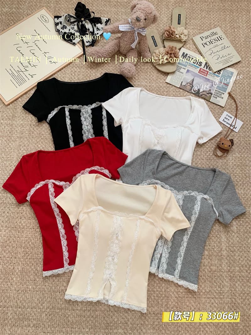 순수한 욕망 핫걸 광장 칼라 레이스 레이스 반팔 티셔츠 여성 여름 섹시함 이슬 쇄골 슬림해 보이는 켜기 벨트 가슴 패드 상세 이미지 5