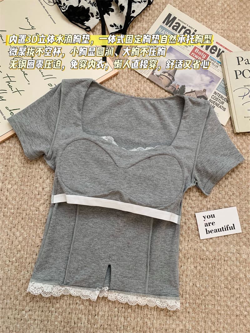 순수한 욕망 핫걸 광장 칼라 레이스 레이스 반팔 티셔츠 여성 여름 섹시함 이슬 쇄골 슬림해 보이는 켜기 벨트 가슴 패드 상세 이미지 8