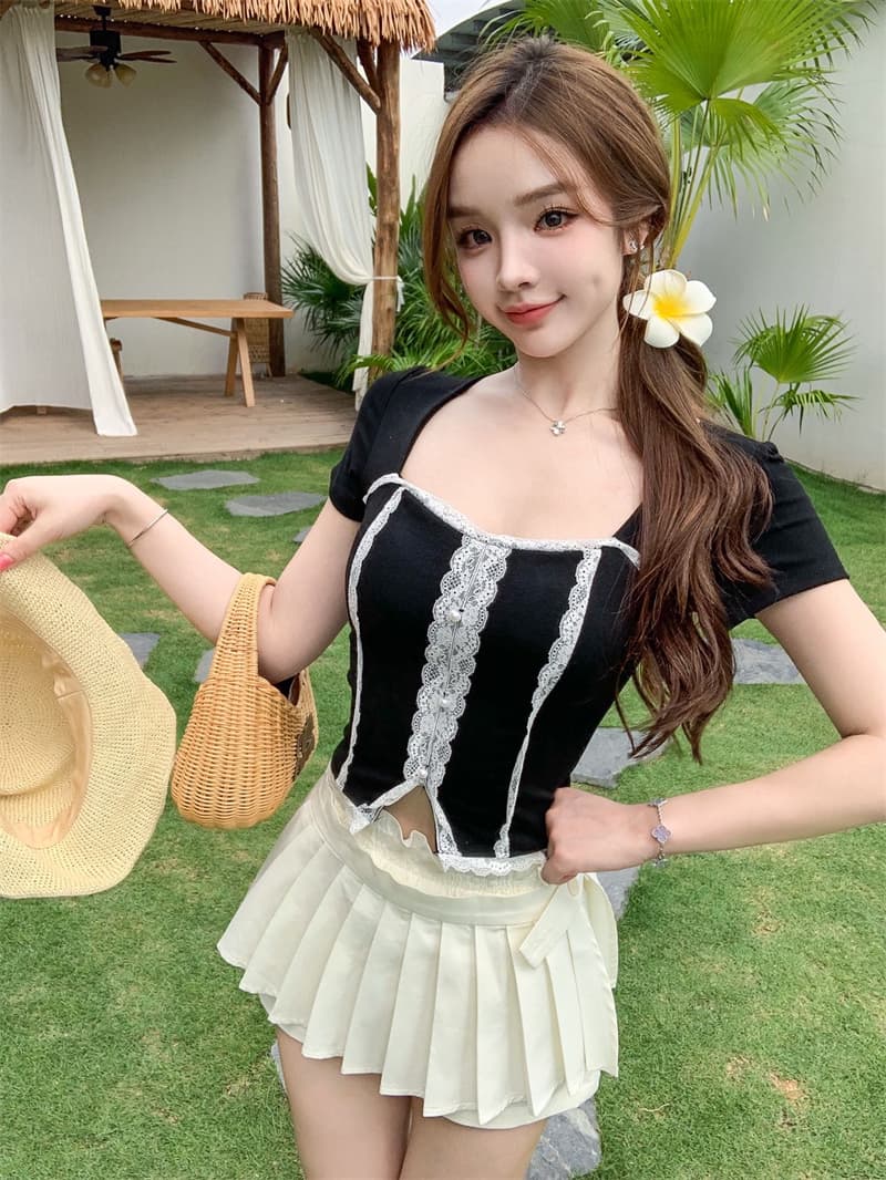 순수한 욕망 핫걸 광장 칼라 레이스 레이스 반팔 티셔츠 여성 여름 섹시함 이슬 쇄골 슬림해 보이는 켜기 벨트 가슴 패드 상세 이미지 27