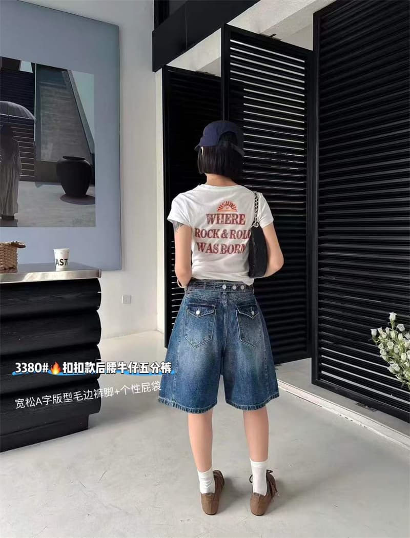 루즈핏 a 글꼴 5 점 데님 반바지 여성 작은 대중 디자인 센스 여름 하이웨이스트 루즈핏 스트레이트 넓은 다리 중 바지 상세 이미지 5