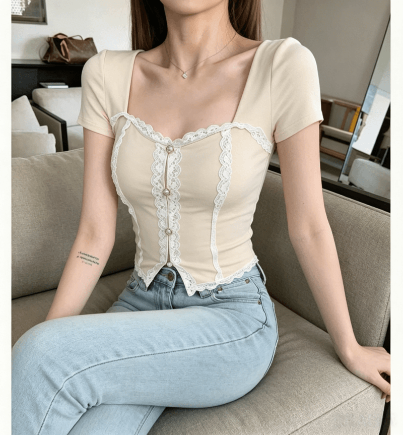 순수한 욕망 핫걸 광장 칼라 레이스 레이스 반팔 티셔츠 여성 여름 섹시함 이슬 쇄골 슬림해 보이는 켜기 벨트 가슴 패드 이미지 3