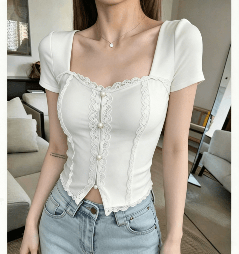 순수한 욕망 핫걸 광장 칼라 레이스 레이스 반팔 티셔츠 여성 여름 섹시함 이슬 쇄골 슬림해 보이는 켜기 벨트 가슴 패드 상세 이미지 2
