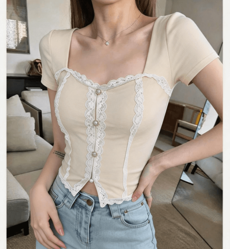 순수한 욕망 핫걸 광장 칼라 레이스 레이스 반팔 티셔츠 여성 여름 섹시함 이슬 쇄골 슬림해 보이는 켜기 벨트 가슴 패드 상세 이미지 4