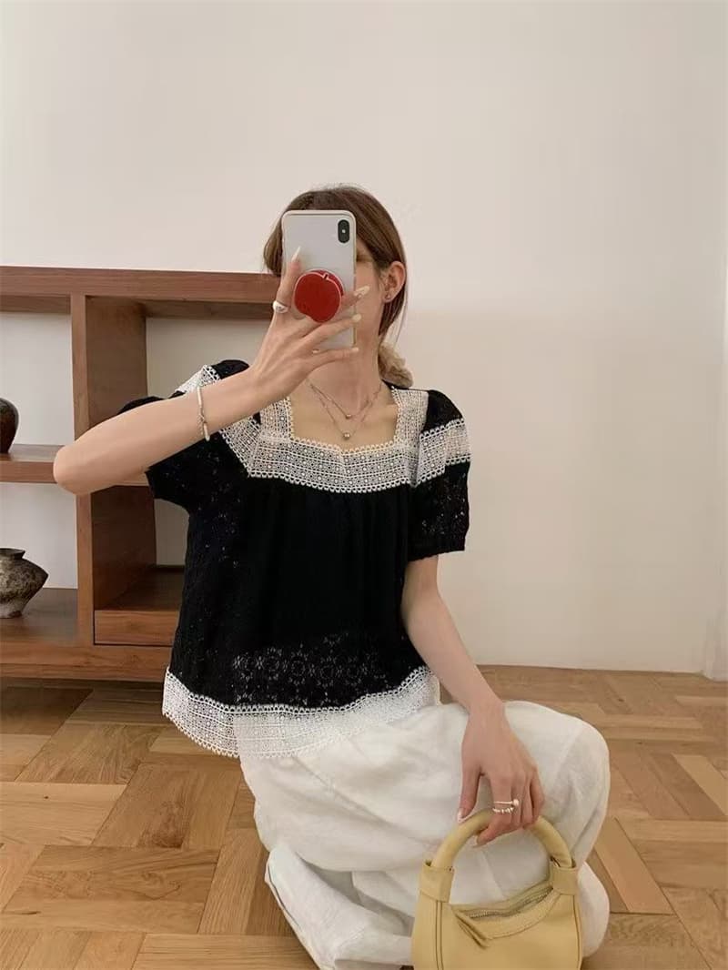 실사 2026 여름 패션 홀로우 아웃 자수 패치워크 레이스 광장 칼라 연령 감소 귀여운 인형 셔츠 반팔 셔츠 여성 상세 이미지 19