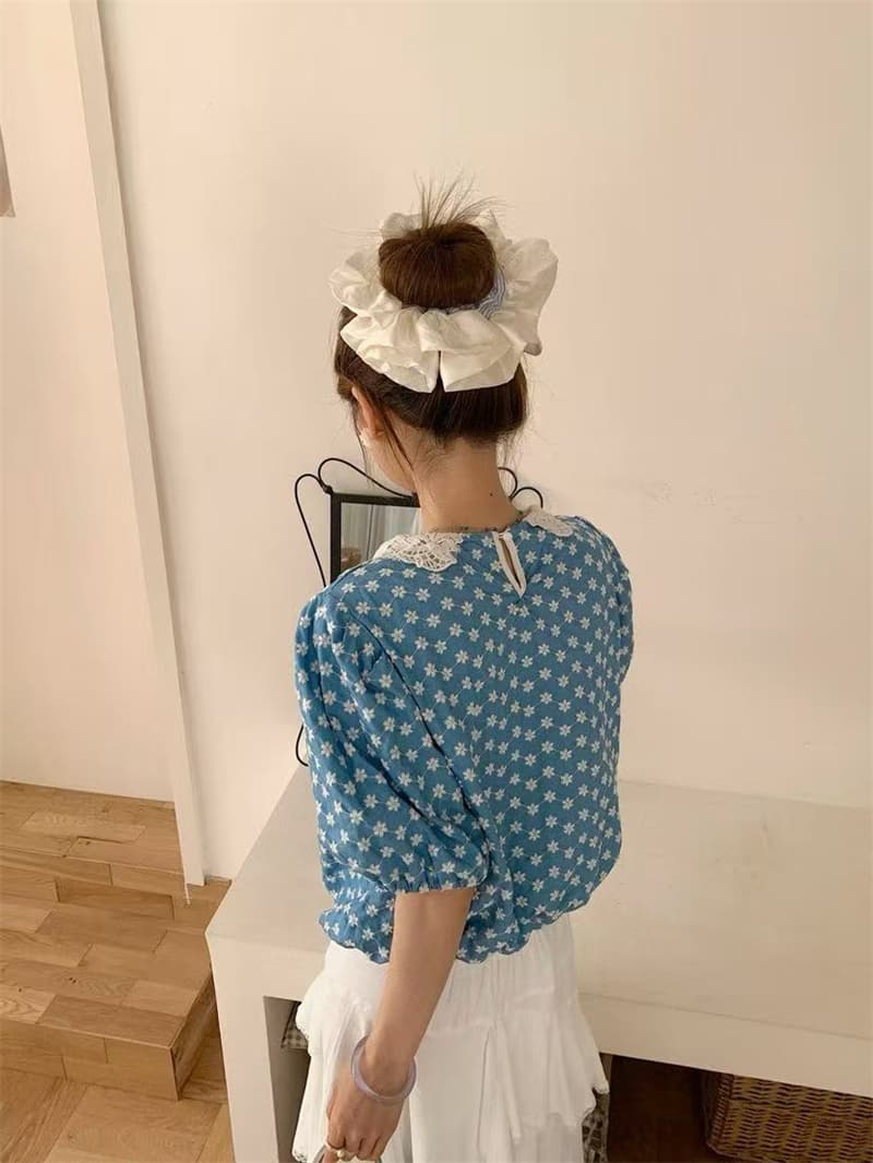실사 프랑스식 여름 새로운 작은 대중 디자인 품격 레이스 자수 패치워크 홀로우 아웃 베이비 칼라 반팔 셔츠 여성 상세 이미지 7