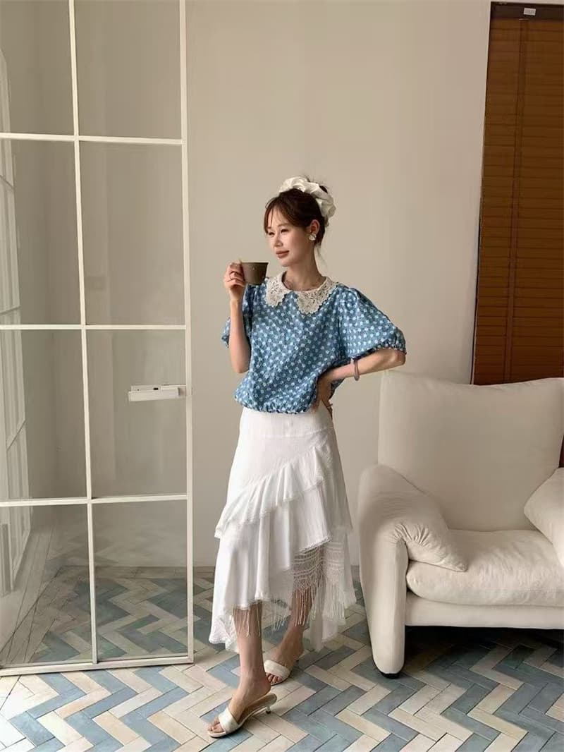실사 프랑스식 여름 새로운 작은 대중 디자인 품격 레이스 자수 패치워크 홀로우 아웃 베이비 칼라 반팔 셔츠 여성 상세 이미지 10