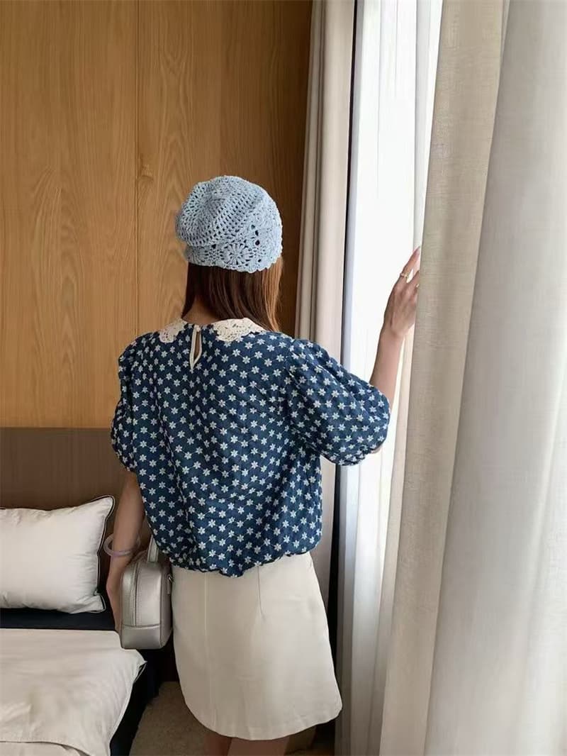 실사 프랑스식 여름 새로운 작은 대중 디자인 품격 레이스 자수 패치워크 홀로우 아웃 베이비 칼라 반팔 셔츠 여성 상세 이미지 13