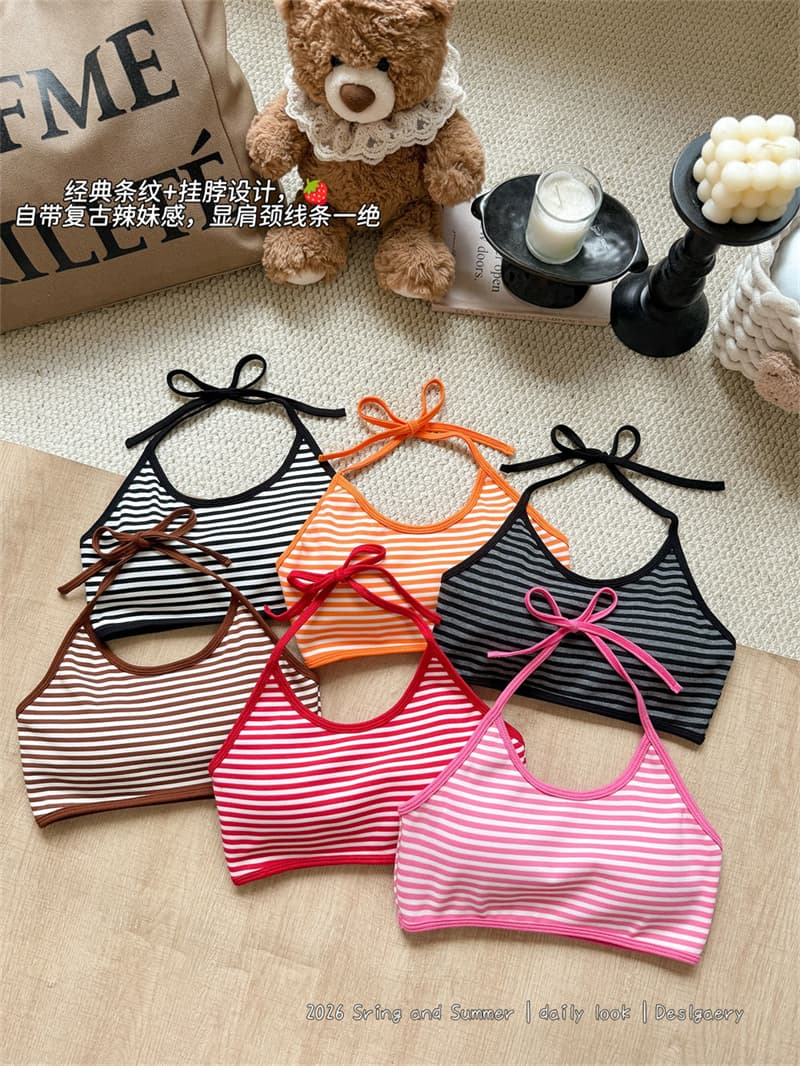 실사 정가 감소되지 않음 여름 핫걸 도파민 스트라이프 행침 목 슬립 속옷 여성 새로운 섹시함 가슴 패드 조끼 상세 이미지 2