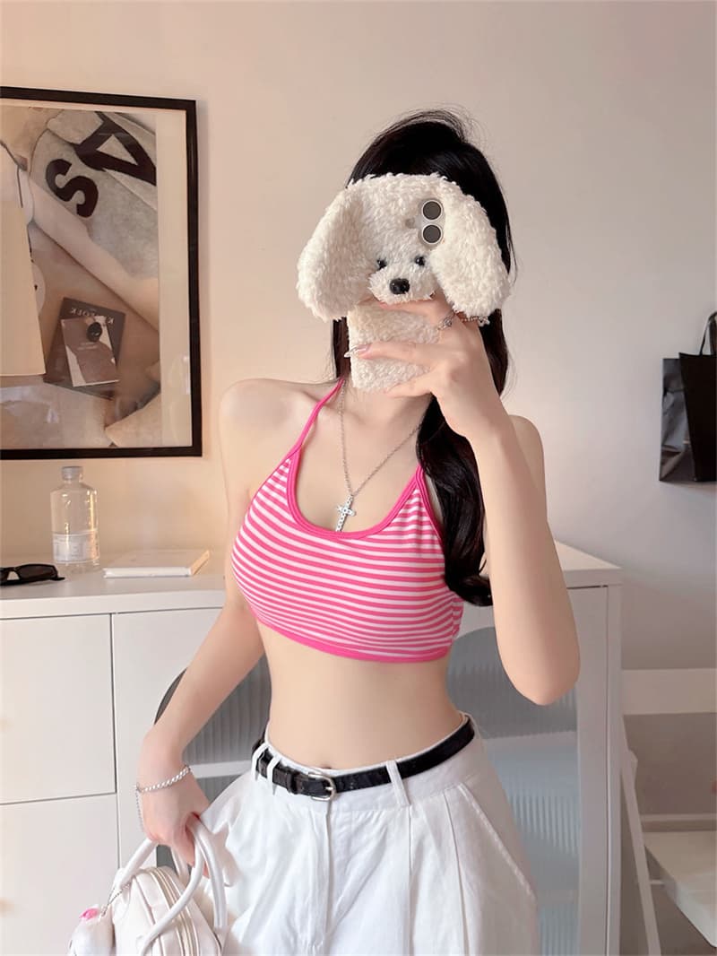 실사 정가 감소되지 않음 여름 핫걸 도파민 스트라이프 행침 목 슬립 속옷 여성 새로운 섹시함 가슴 패드 조끼 상세 이미지 37