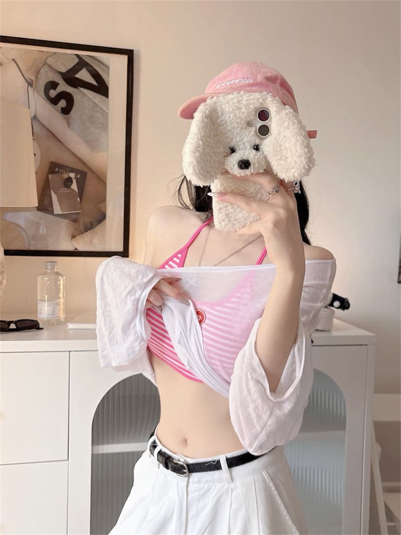 실사 정가 감소되지 않음 여름 핫걸 도파민 스트라이프 행침 목 슬립 속옷 여성 새로운 섹시함 가슴 패드 조끼 상세 이미지 38