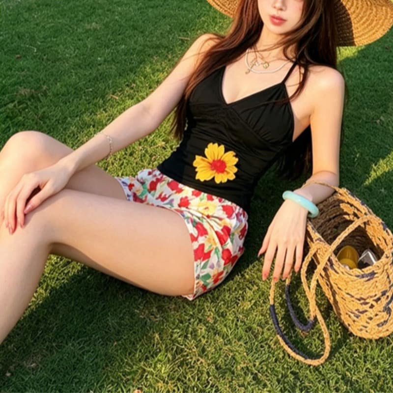 실사 벨트 가슴 패드 여름 섬 도파민 프린트 V넥 스트랩 행침 목 조끼 허리 수축 슬림해 보이는 꽃무늬 맨위 이미지 3
