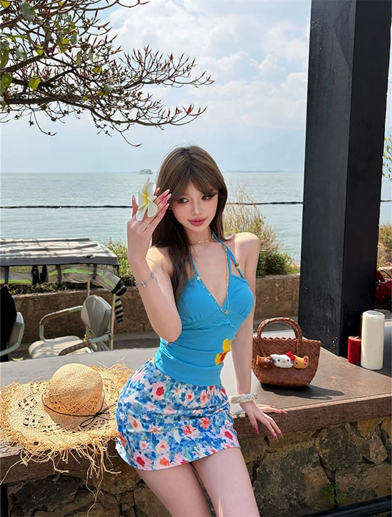 실사 벨트 가슴 패드 여름 섬 도파민 프린트 V넥 스트랩 행침 목 조끼 허리 수축 슬림해 보이는 꽃무늬 맨위 상세 이미지 22