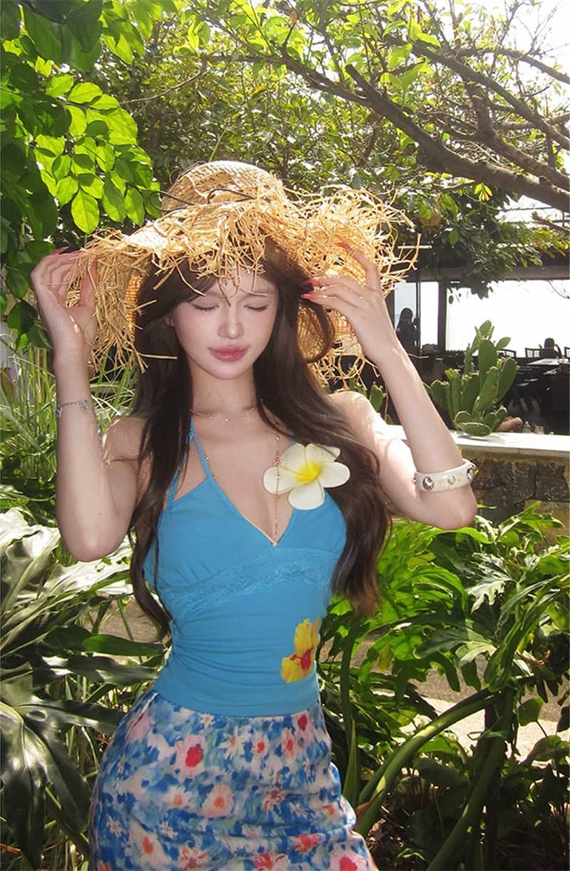 실사 벨트 가슴 패드 여름 섬 도파민 프린트 V넥 스트랩 행침 목 조끼 허리 수축 슬림해 보이는 꽃무늬 맨위 상세 이미지 25