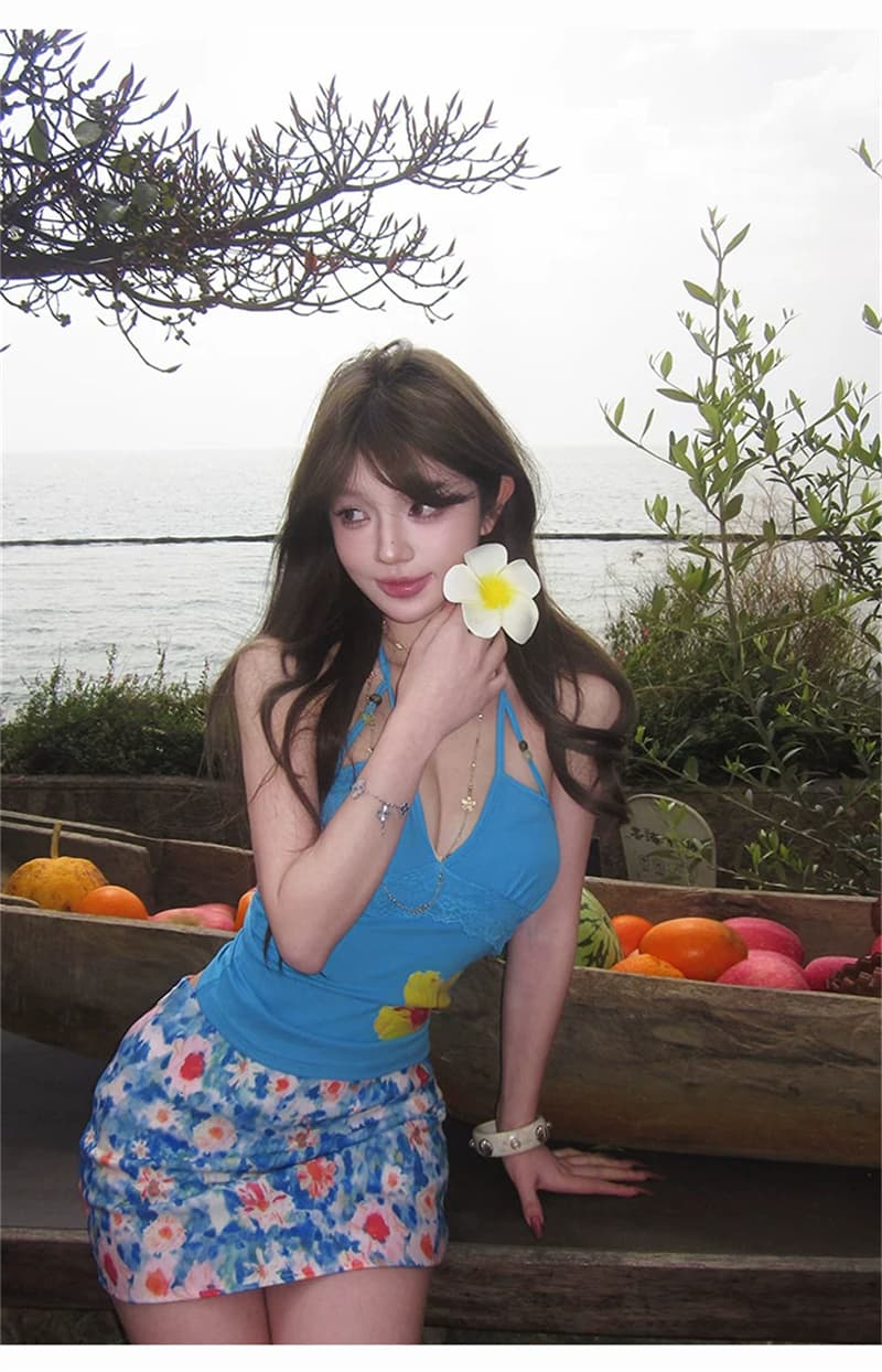 실사 벨트 가슴 패드 여름 섬 도파민 프린트 V넥 스트랩 행침 목 조끼 허리 수축 슬림해 보이는 꽃무늬 맨위 상세 이미지 26