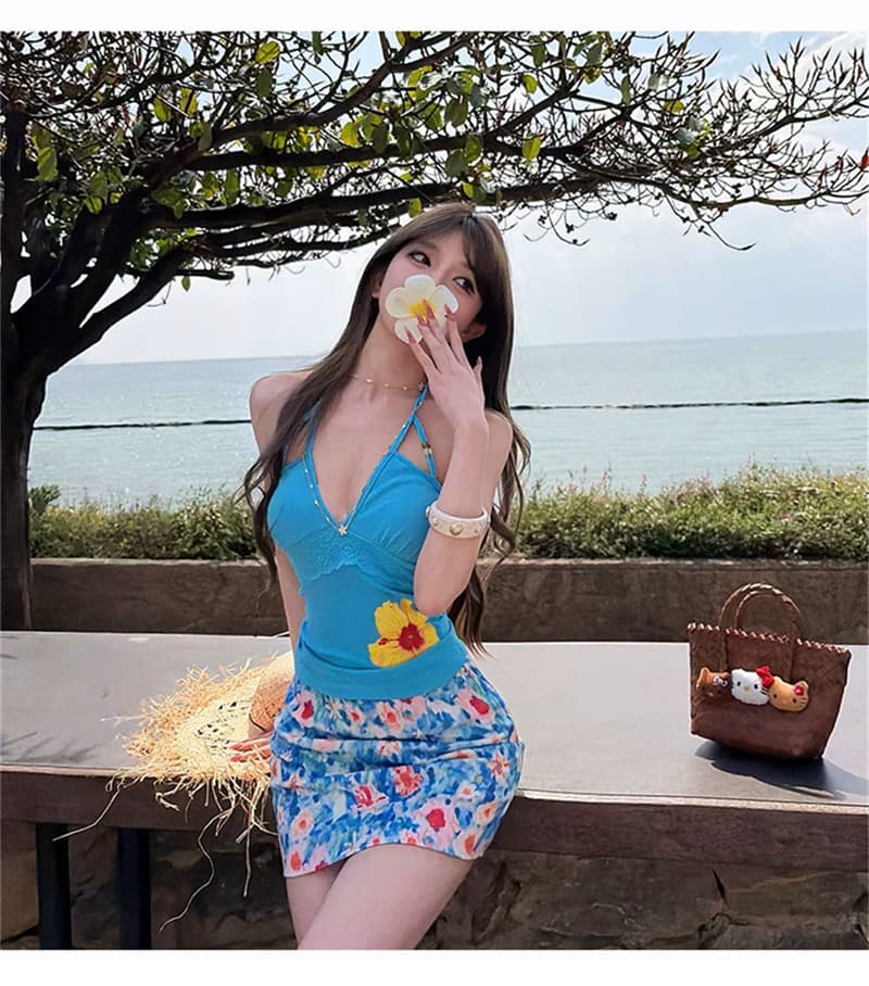 실사 벨트 가슴 패드 여름 섬 도파민 프린트 V넥 스트랩 행침 목 조끼 허리 수축 슬림해 보이는 꽃무늬 맨위 상세 이미지 28