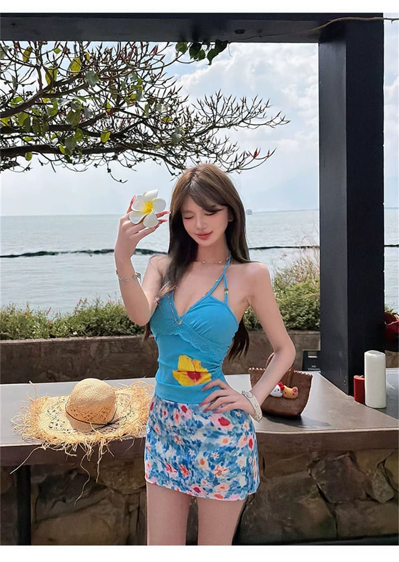 실사 벨트 가슴 패드 여름 섬 도파민 프린트 V넥 스트랩 행침 목 조끼 허리 수축 슬림해 보이는 꽃무늬 맨위 상세 이미지 29