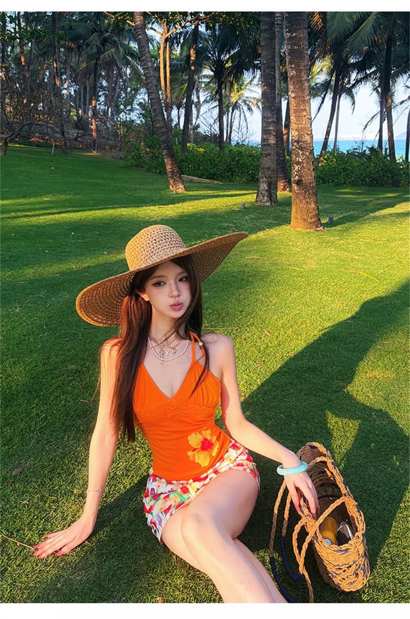 실사 벨트 가슴 패드 여름 섬 도파민 프린트 V넥 스트랩 행침 목 조끼 허리 수축 슬림해 보이는 꽃무늬 맨위 상세 이미지 30