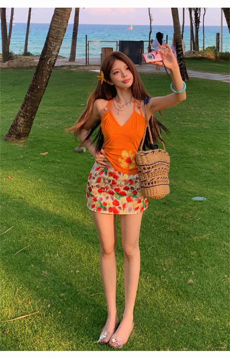 실사 벨트 가슴 패드 여름 섬 도파민 프린트 V넥 스트랩 행침 목 조끼 허리 수축 슬림해 보이는 꽃무늬 맨위 상세 이미지 32
