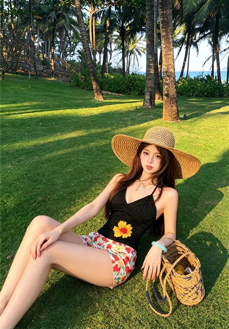 실사 벨트 가슴 패드 여름 섬 도파민 프린트 V넥 스트랩 행침 목 조끼 허리 수축 슬림해 보이는 꽃무늬 맨위 상세 이미지 34