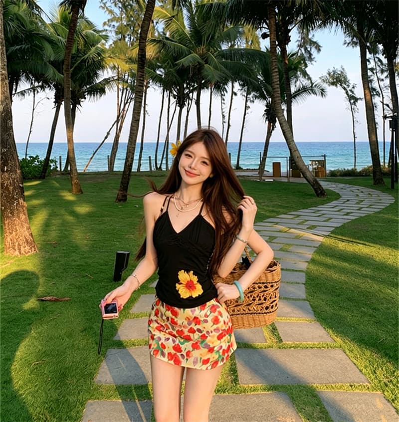실사 벨트 가슴 패드 여름 섬 도파민 프린트 V넥 스트랩 행침 목 조끼 허리 수축 슬림해 보이는 꽃무늬 맨위 상세 이미지 35