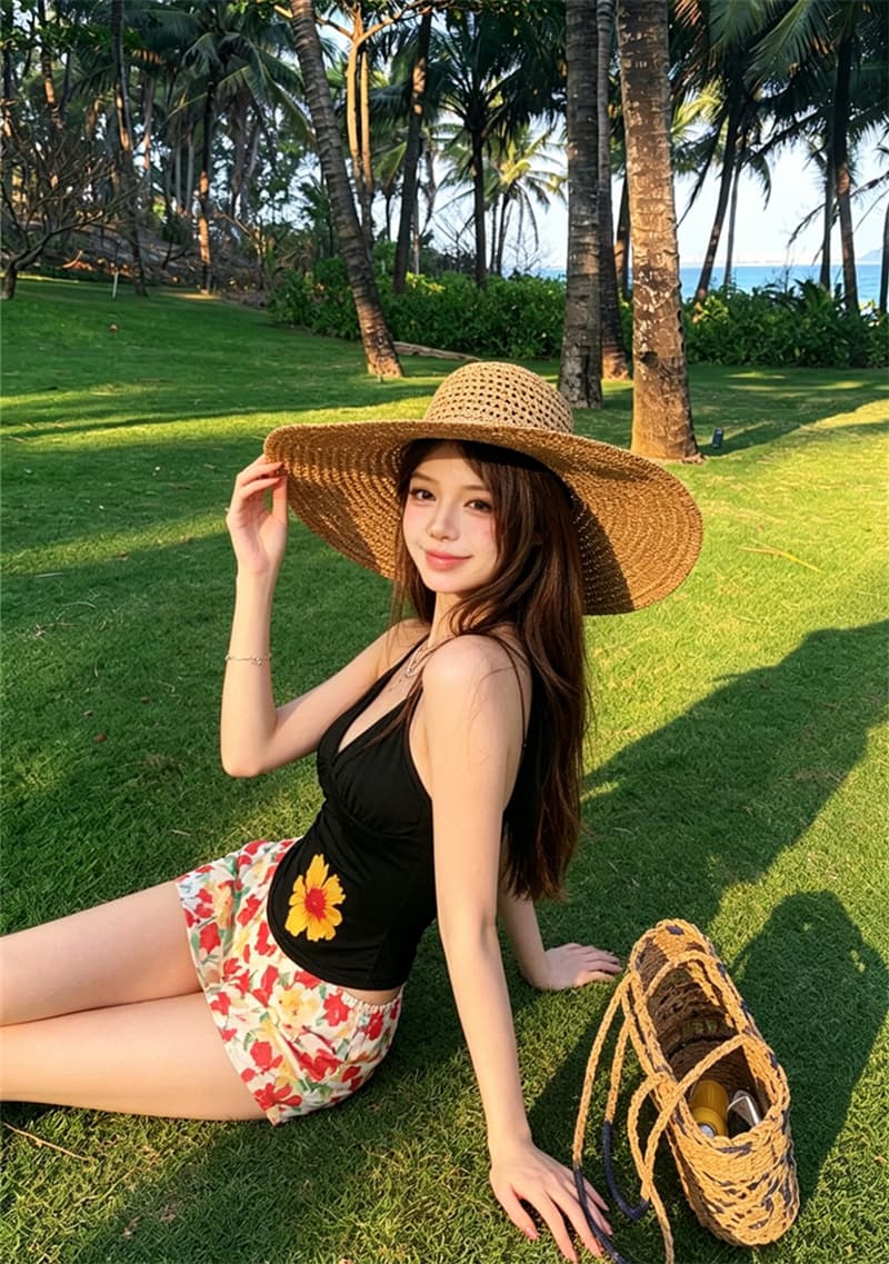 실사 벨트 가슴 패드 여름 섬 도파민 프린트 V넥 스트랩 행침 목 조끼 허리 수축 슬림해 보이는 꽃무늬 맨위 상세 이미지 36