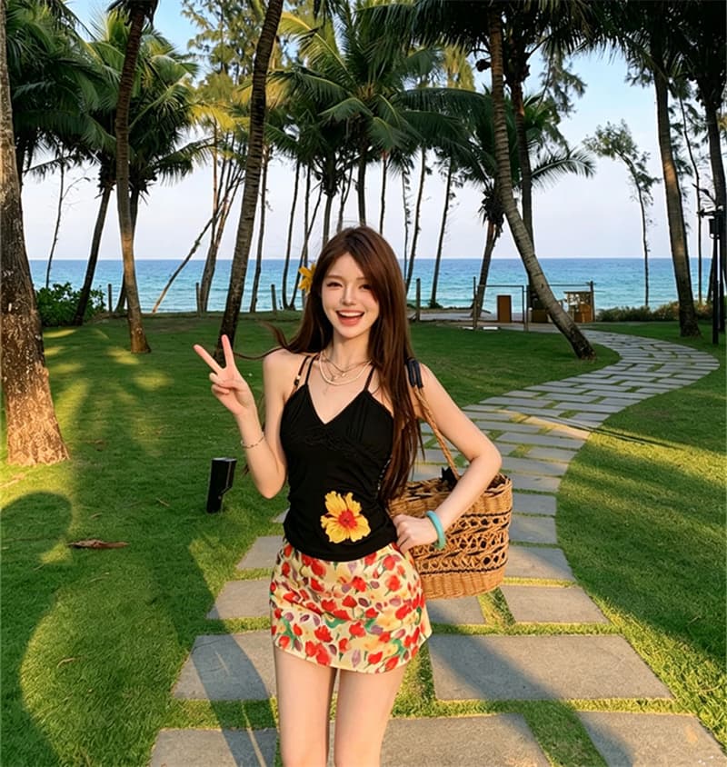 실사 벨트 가슴 패드 여름 섬 도파민 프린트 V넥 스트랩 행침 목 조끼 허리 수축 슬림해 보이는 꽃무늬 맨위 상세 이미지 37