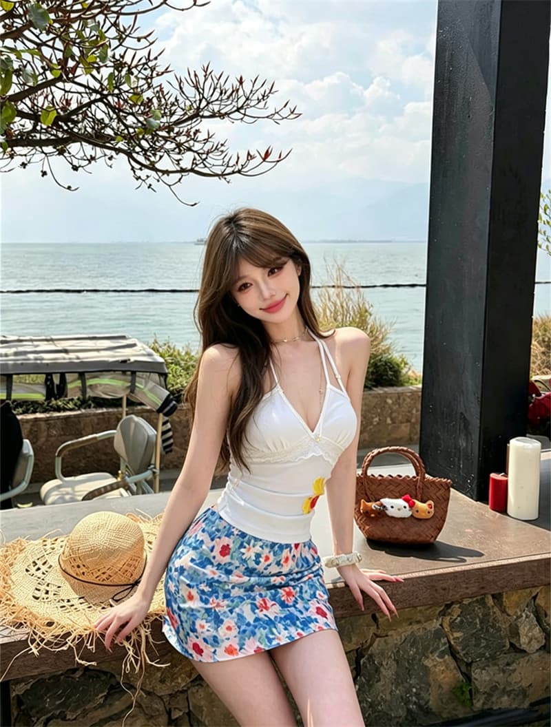 실사 벨트 가슴 패드 여름 섬 도파민 프린트 V넥 스트랩 행침 목 조끼 허리 수축 슬림해 보이는 꽃무늬 맨위 상세 이미지 39