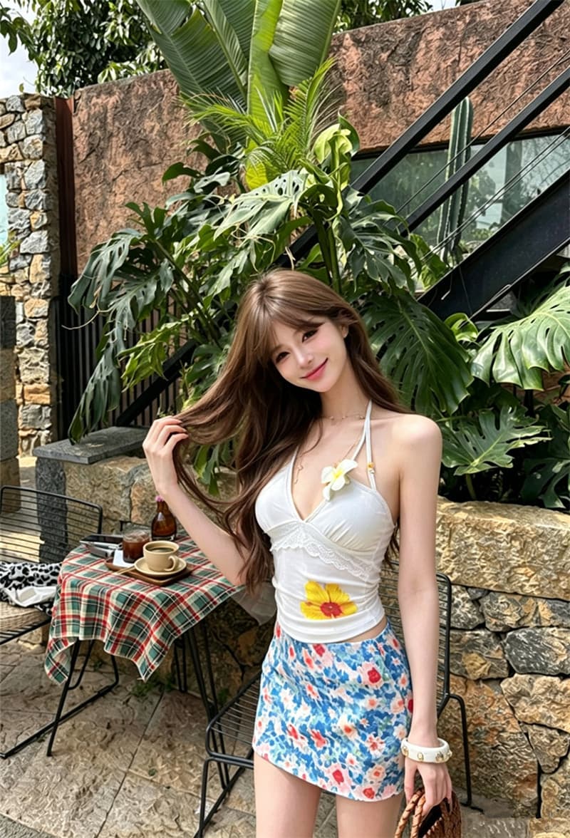 실사 벨트 가슴 패드 여름 섬 도파민 프린트 V넥 스트랩 행침 목 조끼 허리 수축 슬림해 보이는 꽃무늬 맨위 상세 이미지 40