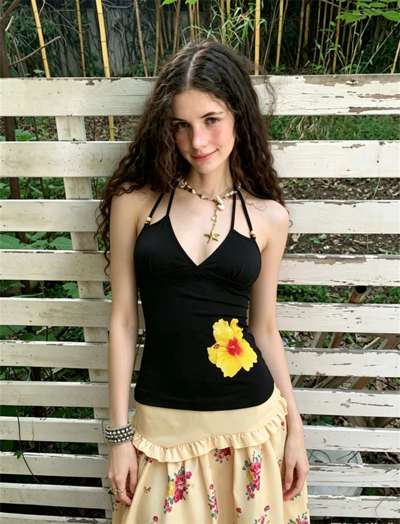 실사 벨트 가슴 패드 여름 섬 도파민 프린트 V넥 스트랩 행침 목 조끼 허리 수축 슬림해 보이는 꽃무늬 맨위 상세 이미지 49