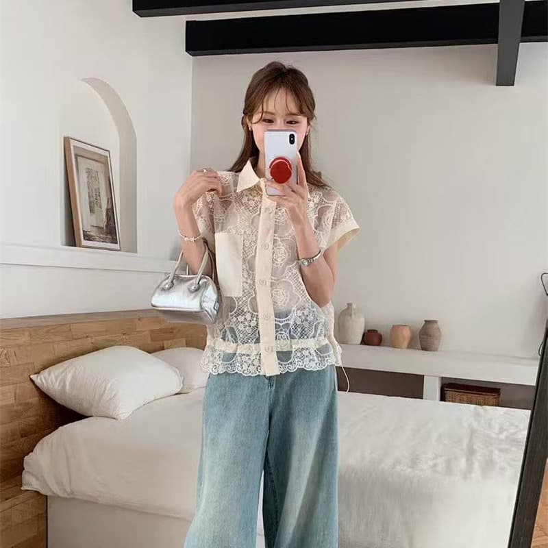 실사 여름 패션 한국 동대문 홀로우 아웃 투명 허리 수축 품격 가을 어깨 소매 레이스 셔츠 여성 코디 슬립 이미지 5