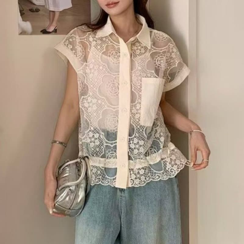 실사 여름 패션 한국 동대문 홀로우 아웃 투명 허리 수축 품격 가을 어깨 소매 레이스 셔츠 여성 코디 슬립 이미지 2