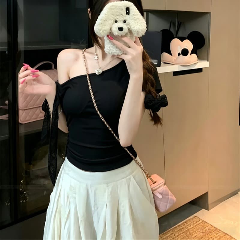 벨트 가슴 패드 달콤한 매운맛 바람 스트랩 비스듬한 어깨 반팔 티셔츠 여성 여름 다용도 슬림해 보이는 오프숄더 맨위 이미지 5