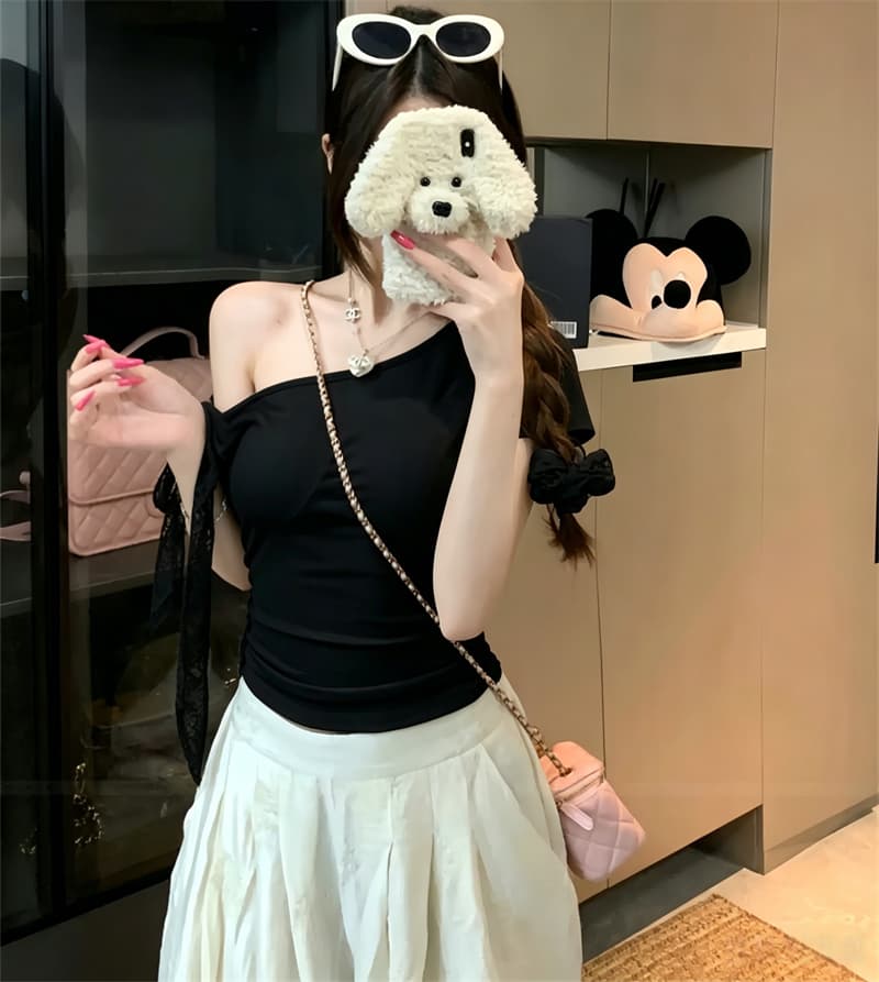 벨트 가슴 패드 달콤한 매운맛 바람 스트랩 비스듬한 어깨 반팔 티셔츠 여성 여름 다용도 슬림해 보이는 오프숄더 맨위 상세 이미지 22