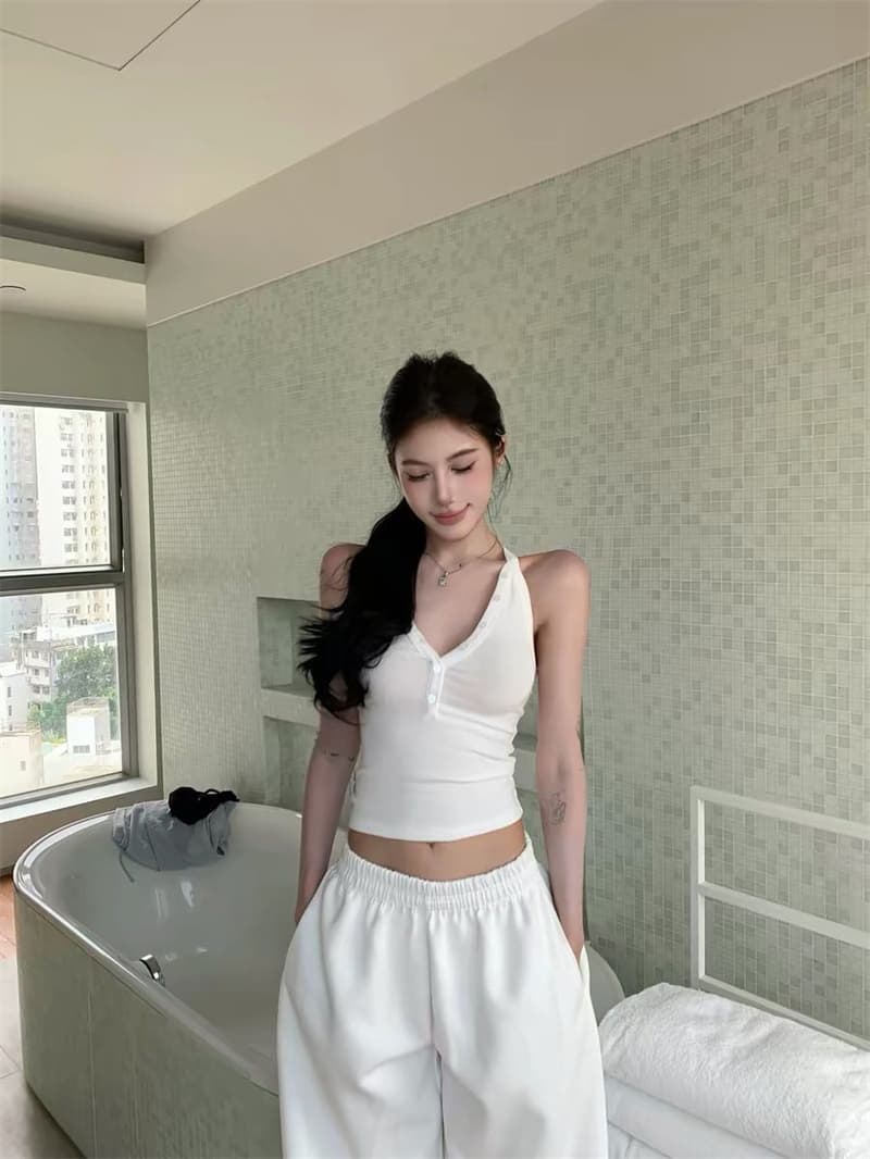 캐미솔 벨트 가슴 패드 여름 새로운 패션 V넥 단추 만나는 캐주얼 작은 셔츠 몸매 가꾸기 슬림해 보이는 맨위 이미지 4