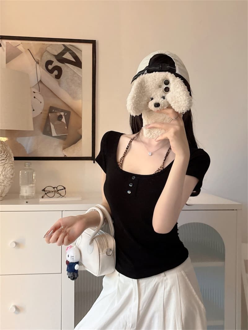 아메리칸 레오파드 무늬 패치워크 행침 목 페이크 레이어드 반팔 티셔츠 여성 벨트 가슴 패드 핫걸 몸매 가꾸기 조끼 여름 단추 맨위 상세 이미지 24