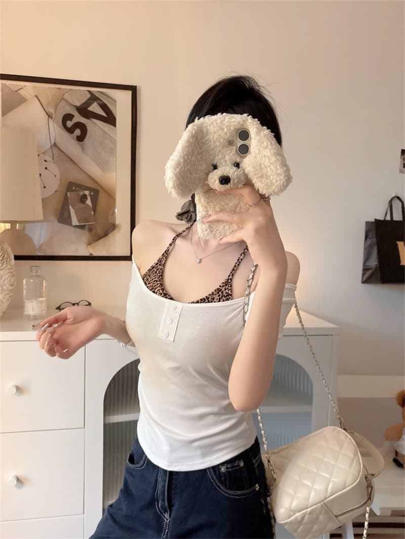 아메리칸 레오파드 무늬 패치워크 행침 목 페이크 레이어드 반팔 티셔츠 여성 벨트 가슴 패드 핫걸 몸매 가꾸기 조끼 여름 단추 맨위 상세 이미지 26