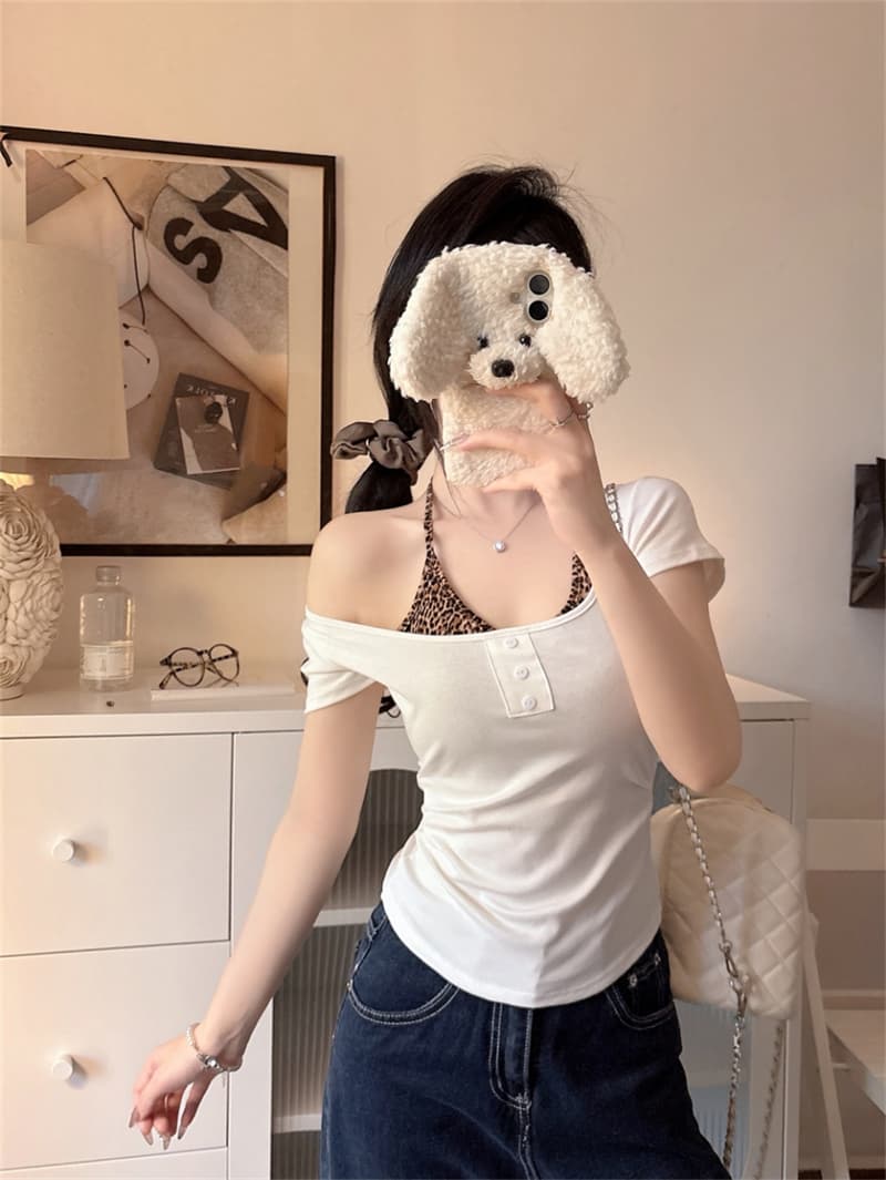 아메리칸 레오파드 무늬 패치워크 행침 목 페이크 레이어드 반팔 티셔츠 여성 벨트 가슴 패드 핫걸 몸매 가꾸기 조끼 여름 단추 맨위 상세 이미지 30