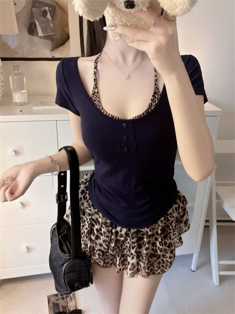 아메리칸 레오파드 무늬 패치워크 행침 목 페이크 레이어드 반팔 티셔츠 여성 벨트 가슴 패드 핫걸 몸매 가꾸기 조끼 여름 단추 맨위 상세 이미지 32