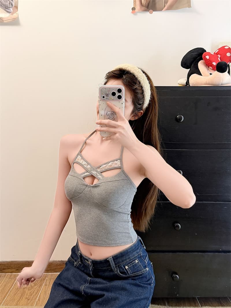 순수한 욕망 섹시함 십자가 디자인 센스 홀로우 아웃 행침 목 캐미솔 여름 섹션 인사이드 가져 가라. 벨트 가슴 패드 핫걸 맨위 상세 이미지 34