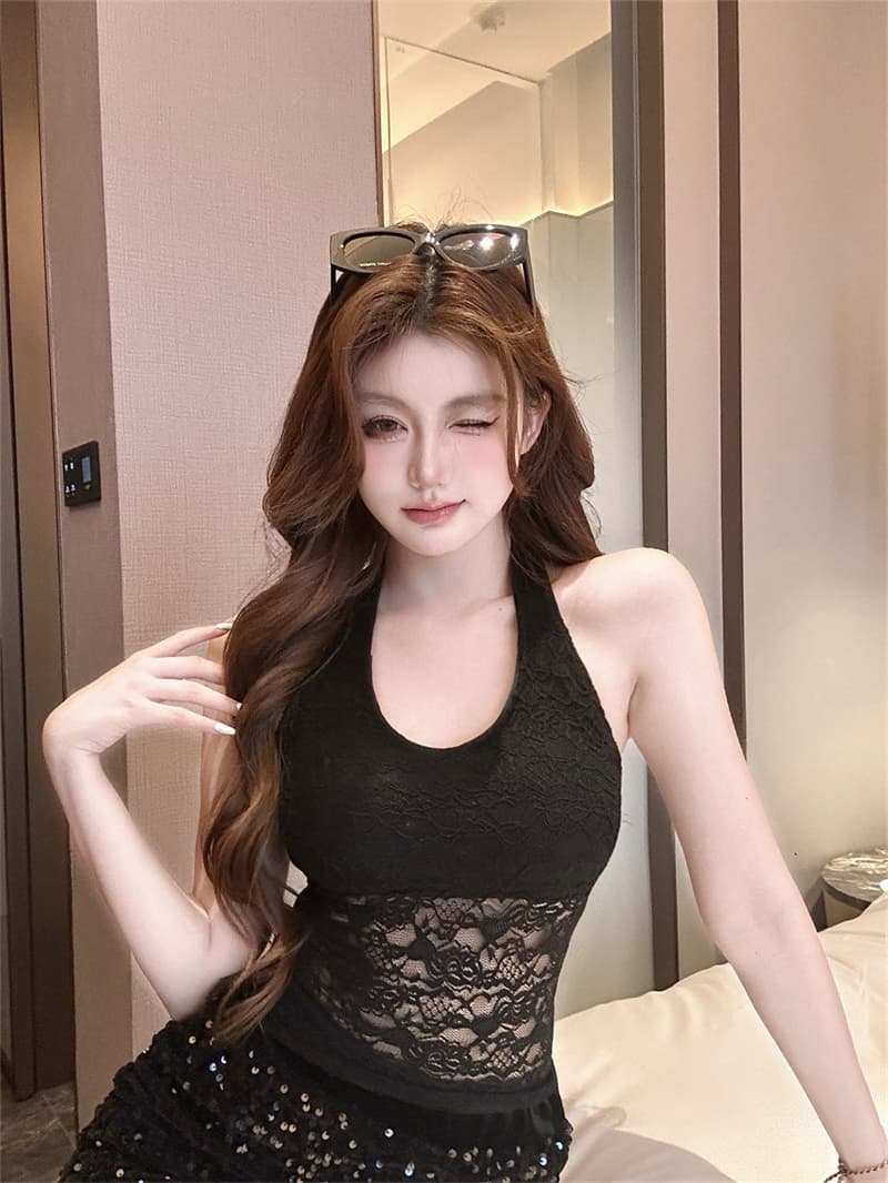 비 실사 감소되지 않음 여름 행침 목 레이스 민소매 아름다움 뒤로 외출용 조끼 새로운 벨트 가슴 패드 몸매 가꾸기 맨위 여성 상세 이미지 21