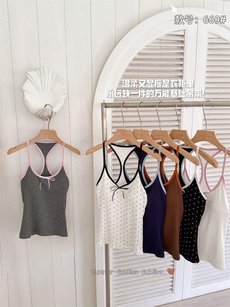 아메리칸 미니멀리즘 부드러운 바람 도트 무늬 디자인 작은 대중 행침 벨트 가슴 패드 조끼 여성 새로운 다용도 고급 맨위 상세 이미지 6