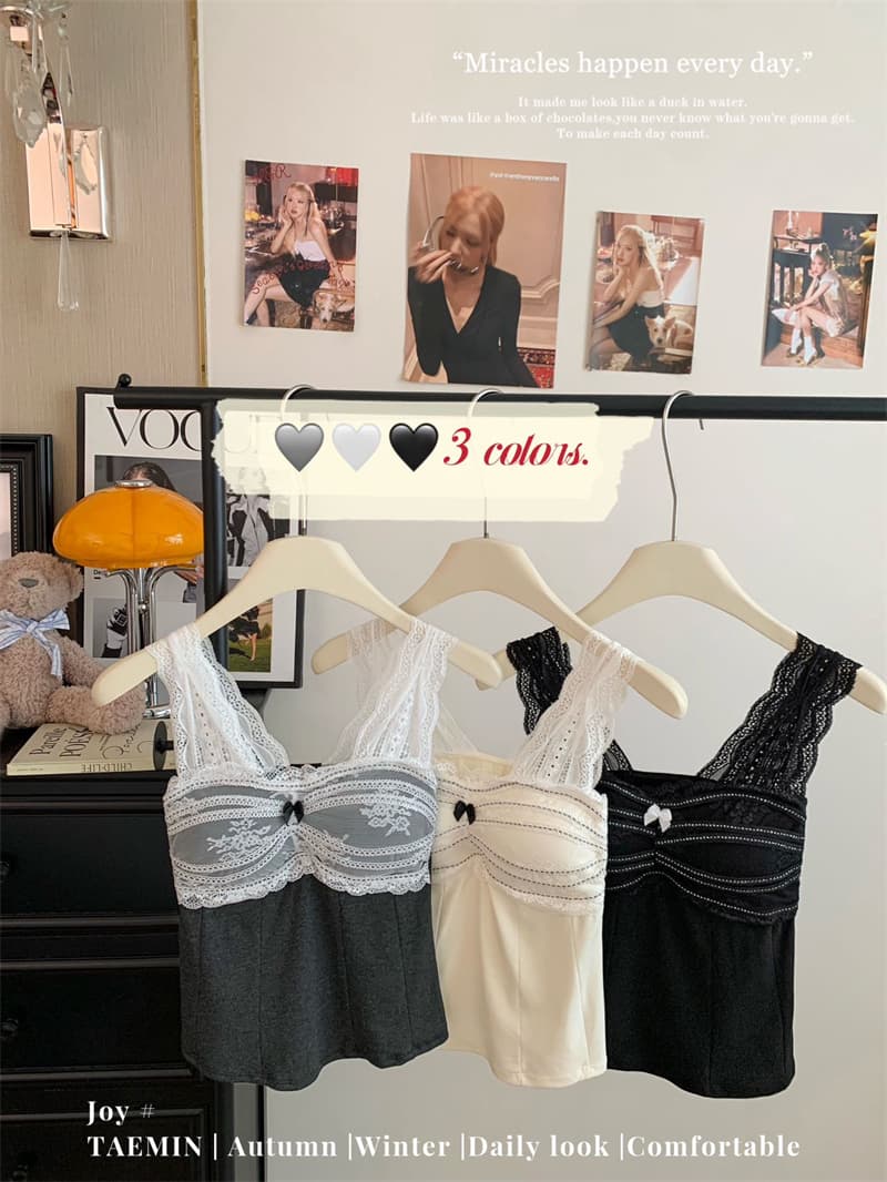 실사 프랑스식 레이스 조각 나비 매듭 배색 캐미솔 여름 달콤함 슬림해 보이는 벨트 가슴 패드 의류 상세 이미지 1