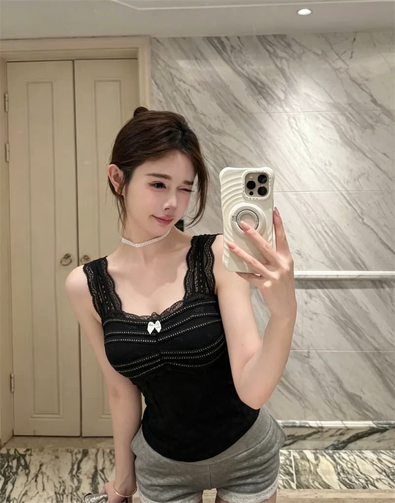 실사 프랑스식 레이스 조각 나비 매듭 배색 캐미솔 여름 달콤함 슬림해 보이는 벨트 가슴 패드 의류 상세 이미지 12