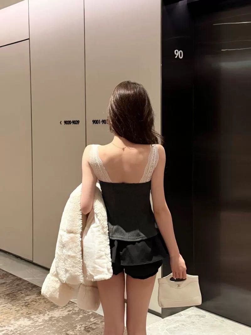 실사 프랑스식 레이스 조각 나비 매듭 배색 캐미솔 여름 달콤함 슬림해 보이는 벨트 가슴 패드 의류 상세 이미지 29