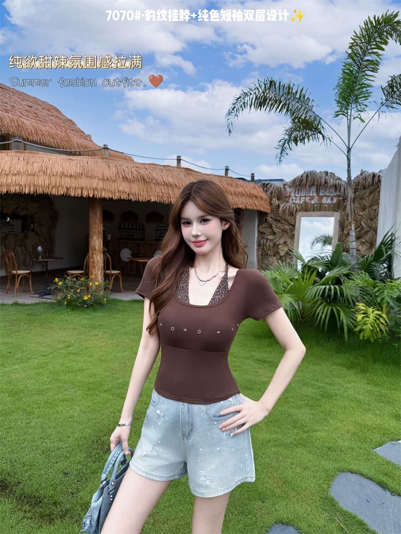 아메리칸 행침 목 반팔 티셔츠 여성 여름 2026 새로운 품격 디자인 센스 d 벨트 가슴 패드 그레이트 봐 의류 상세 이미지 25