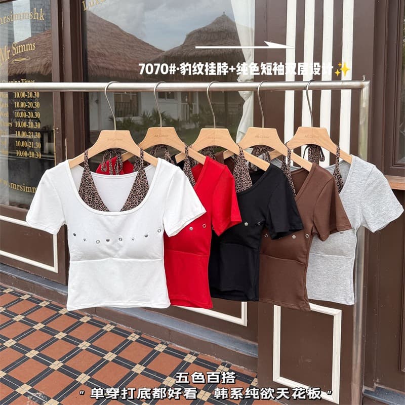 아메리칸 행침 목 반팔 티셔츠 여성 여름 2026 새로운 품격 디자인 센스 d 벨트 가슴 패드 그레이트 봐 의류 이미지 5