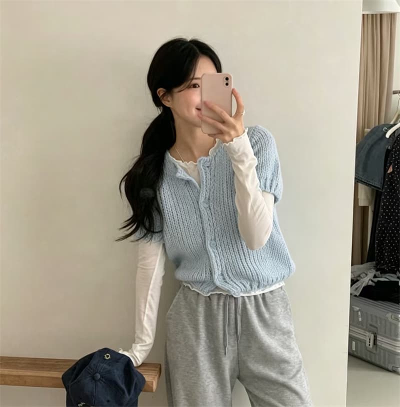 한국 동대문 반팔 니트 스웨터 여성 2026 가을 새로운 패션 다용도 라운드 넥 부서 버클 카디건 코트 상세 이미지 38